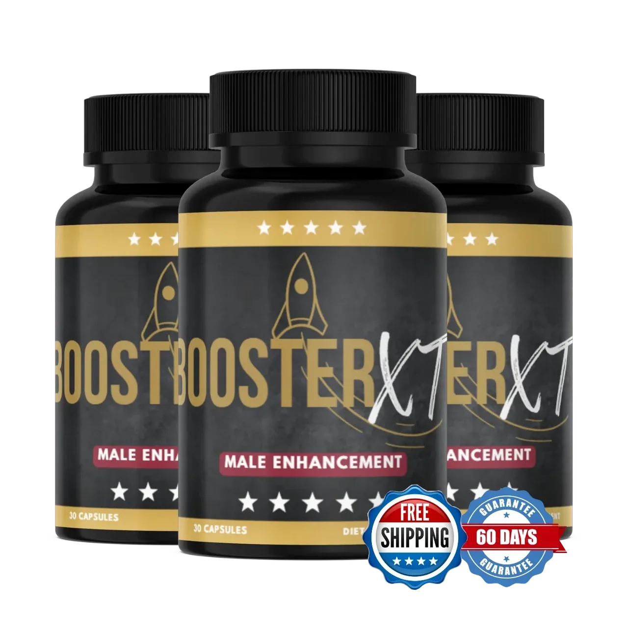 Three Booster XT bottles with the free shipping and 60-day guarantee seals