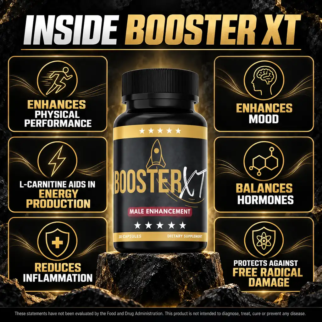 The Booster XT listing panel naming L-citrulline, L-carnitine, pine bark, velvet bean, maca root and grape skin