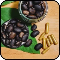 Velvet bean seeds beside capsules on a leaf